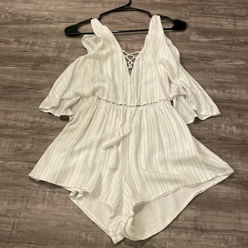 TOBI white and blue stripe romper. Great condition, but missing button on back